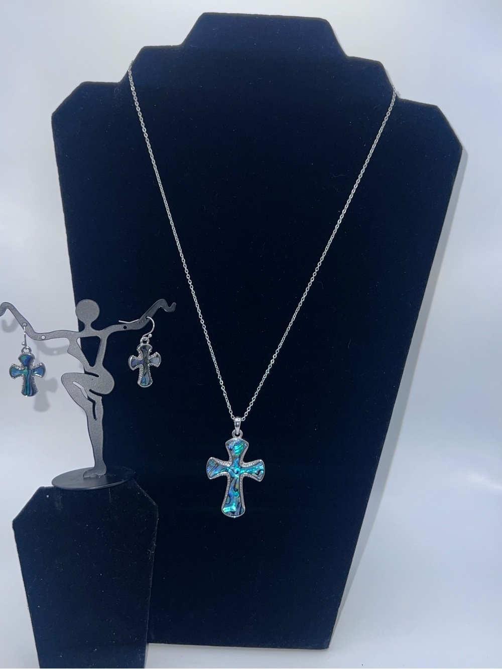 Silver Cross Pendant Necklace with Blue-Green Inlay